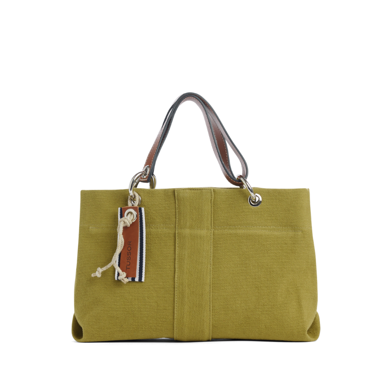 sac de ville modulable en coton olive avec des anses en cuir naturel