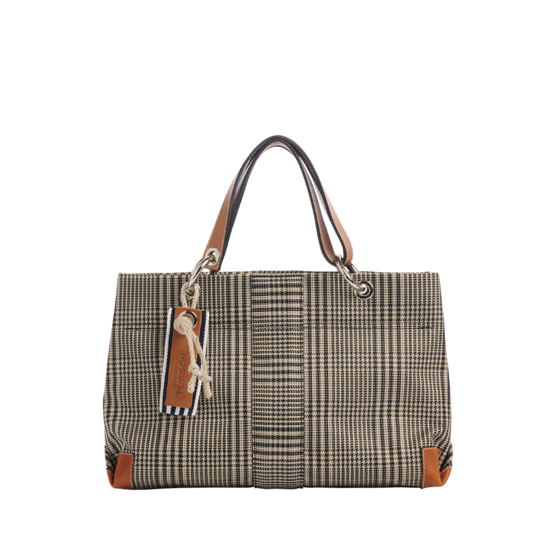 sac de ville modulable en polyester prince de Galles avec des anses en cuir naturel