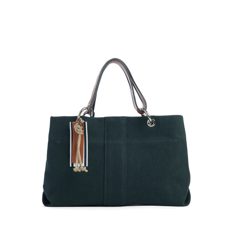 sac de ville modulable en coton vert foret avec des anses en cuir naturel