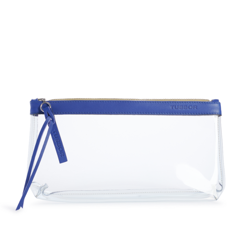 pochette en plastique transparent et cuir bleu cobalt