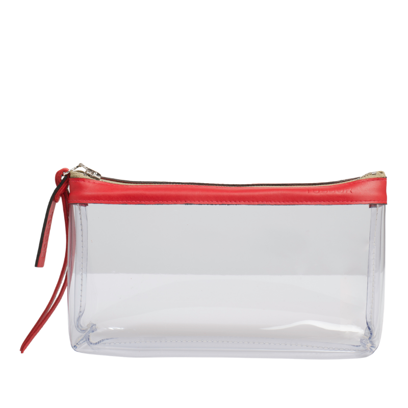 pochette en plastique transparent et cuir rouge