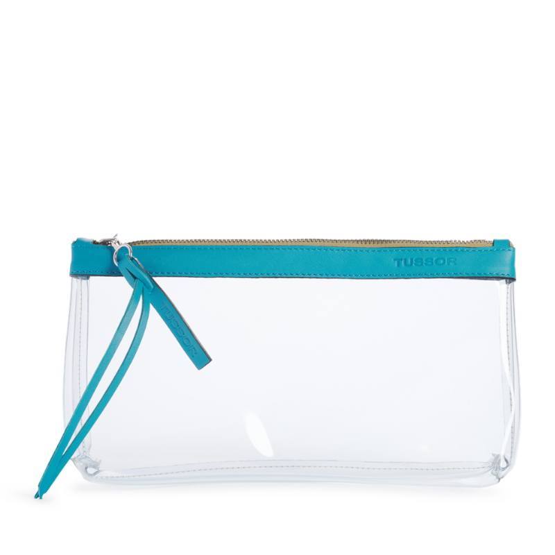 pochette en plastique transparent et cuir turquoise