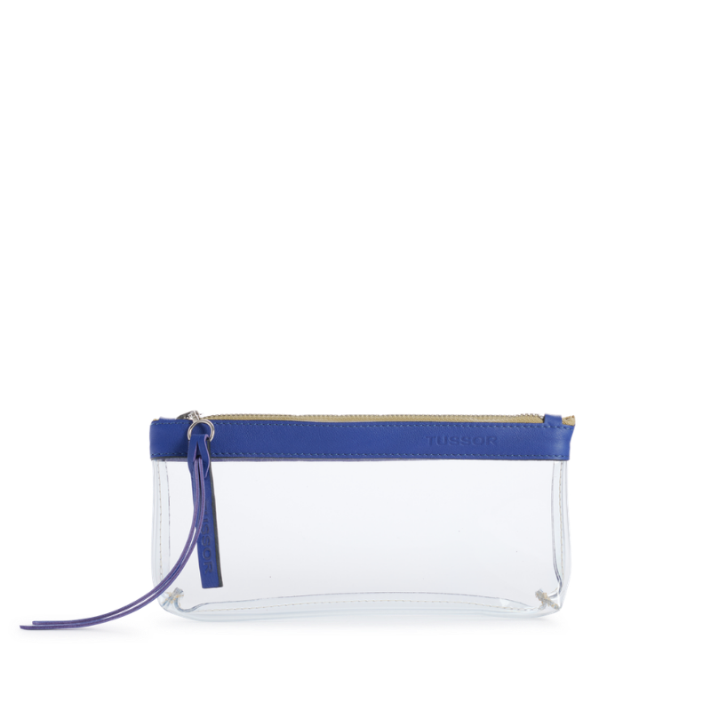pochette en plastique transparent et cuir bleu cobalt