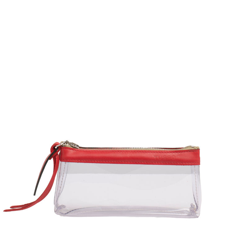 pochette en plastique transparent et cuir rouge