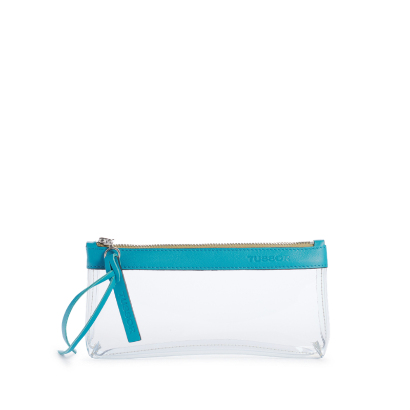 pochette en plastique transparent et cuir turquoise