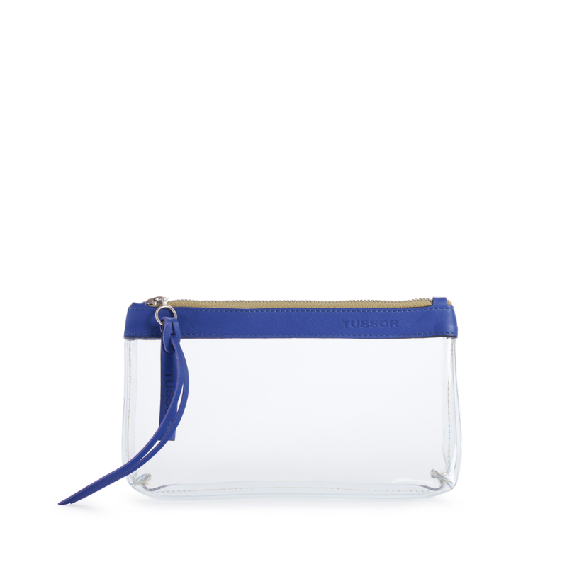 pochette en plastique transparent et cuir bleu cobalt