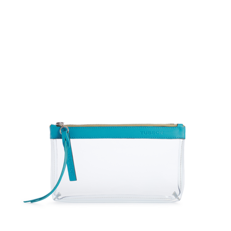 pochette en plastique transparent et cuir turquoise