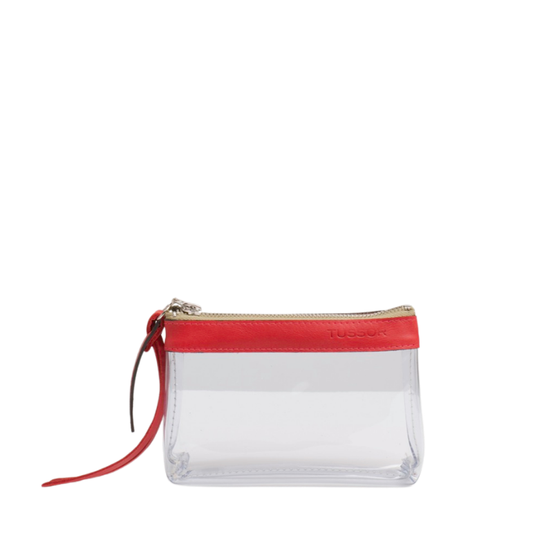 pochette en plastique transparent et cuir rouge