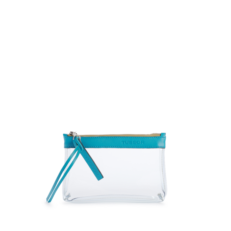 pochette en plastique transparent et cuir turquoise