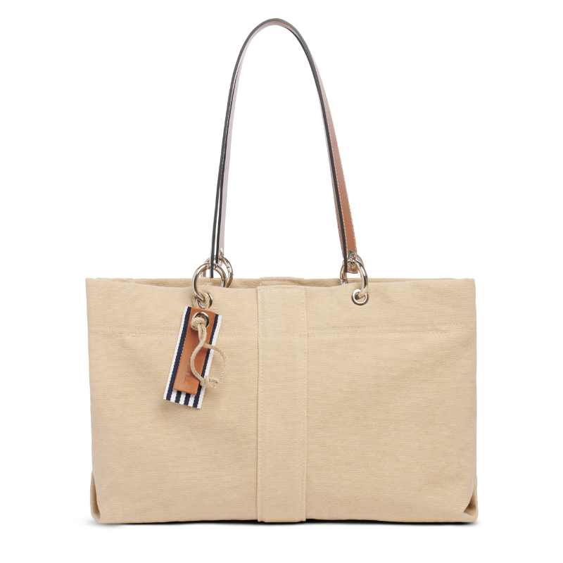 sac de ville modulable en coton grege avec des anses en cuir naturel et sa pochette yole écrue