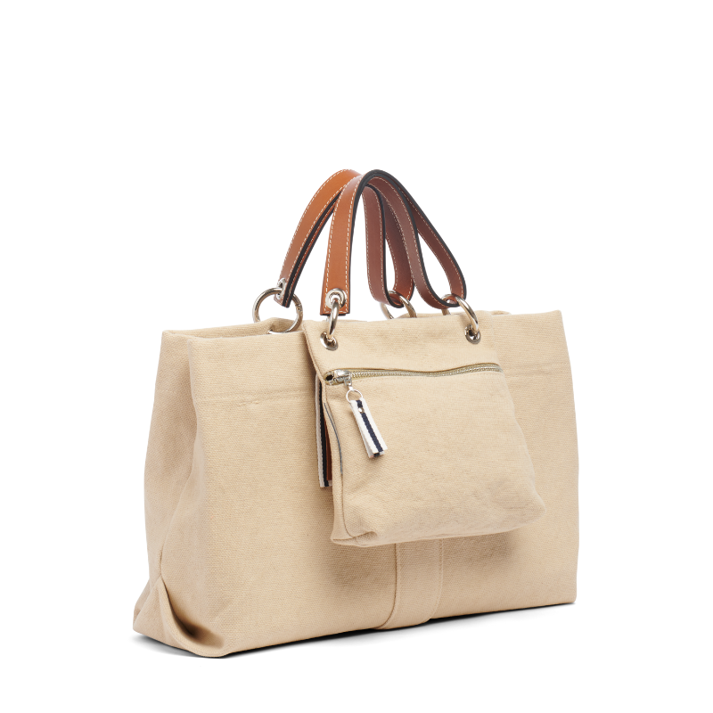 sac de ville modulable en coton grege avec des anses en cuir naturel et ses pochettes yole prince de Galles, taupe et cuir gold