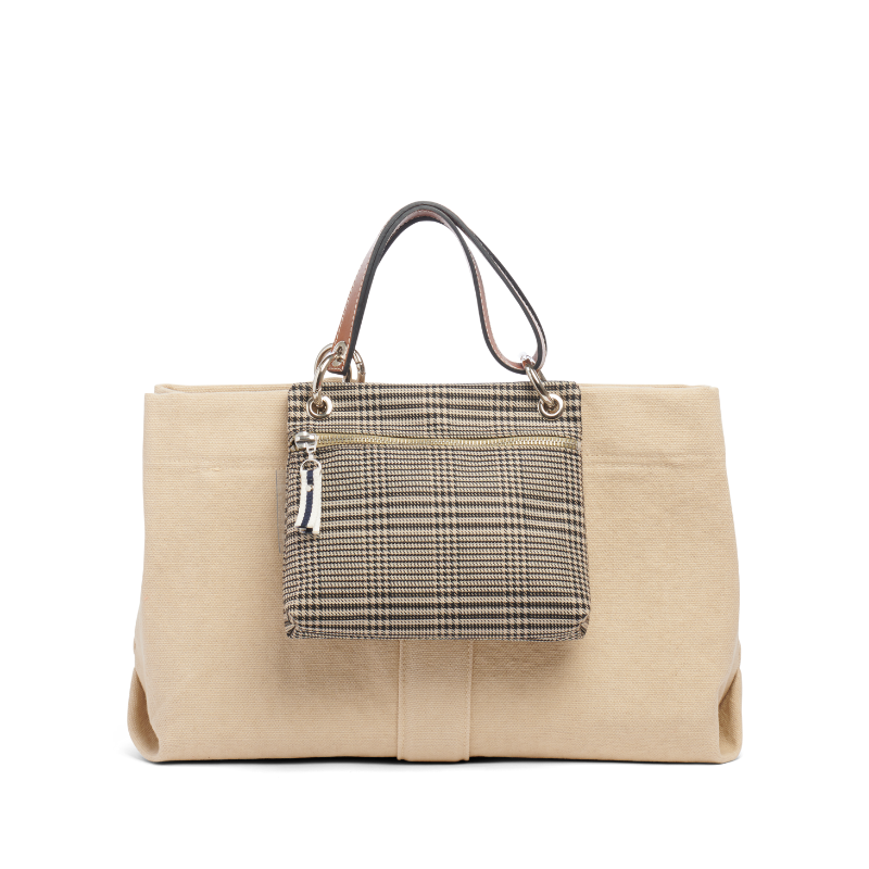 sac de ville modulable en coton grege avec des anses en cuir naturel et sa pochette yole prince de Galles