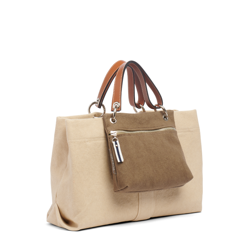 sac de ville modulable en coton grege avec des anses en cuir naturel et sa pochette yole taupe