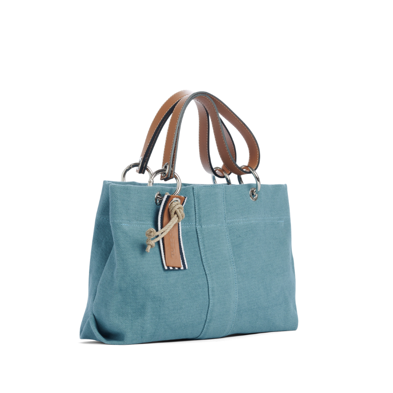 sac de ville modulable en coton bleu français avec des anses en cuir naturel