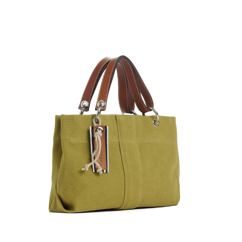 sac de ville modulable en coton olive avec des anses en cuir naturel