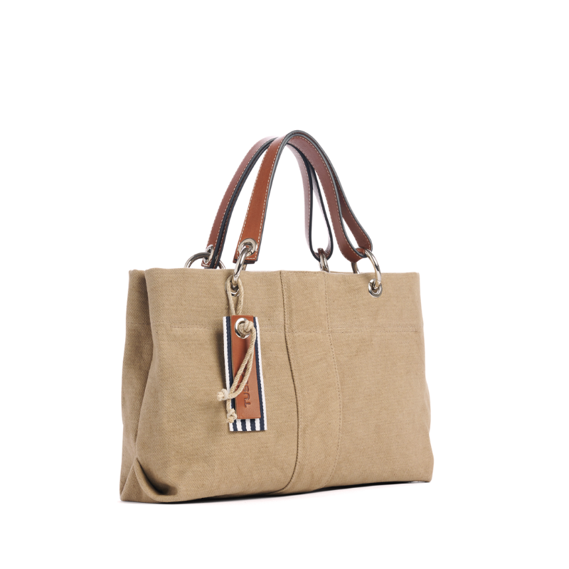 sac de ville modulable en coton sable avec des anses en cuir naturel