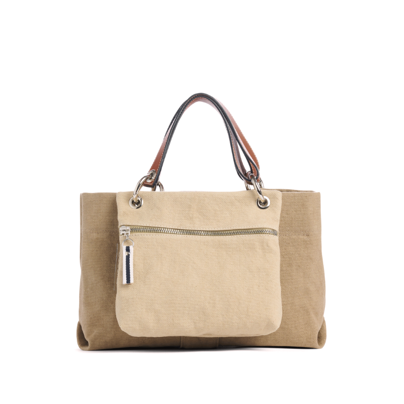 sac de ville modulable en coton sable avec des anses en cuir naturel et sa pochette yole grege