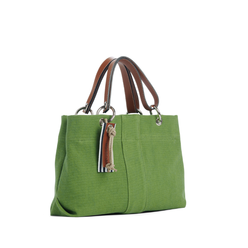sac de ville modulable en coton vert avec des anses en cuir naturel